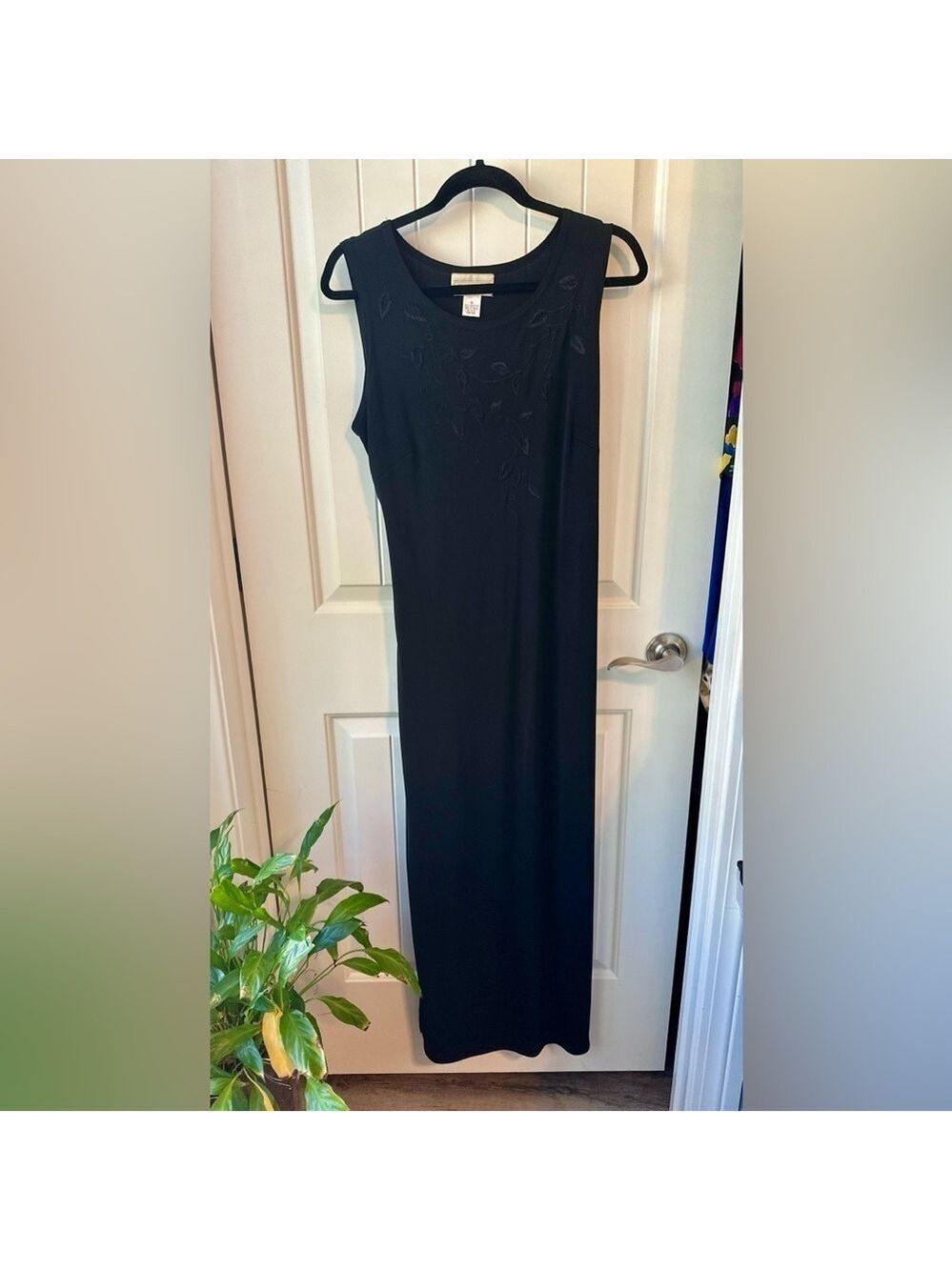 Studio Works Black Slinky Maxi Shift Dress with 17” Side Slits.  size Medium